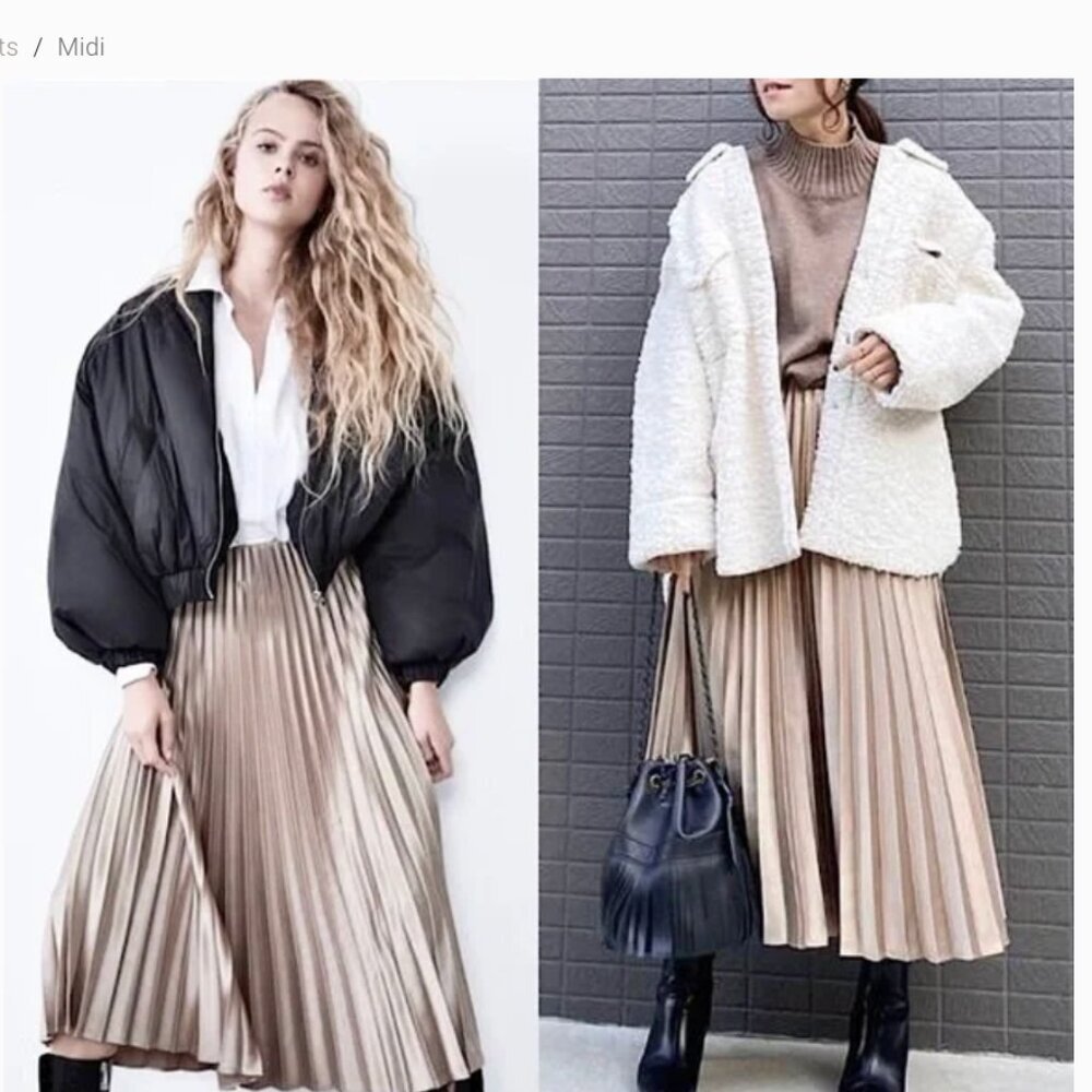 Zara Shiny Taupe Pleated Midi Skirt